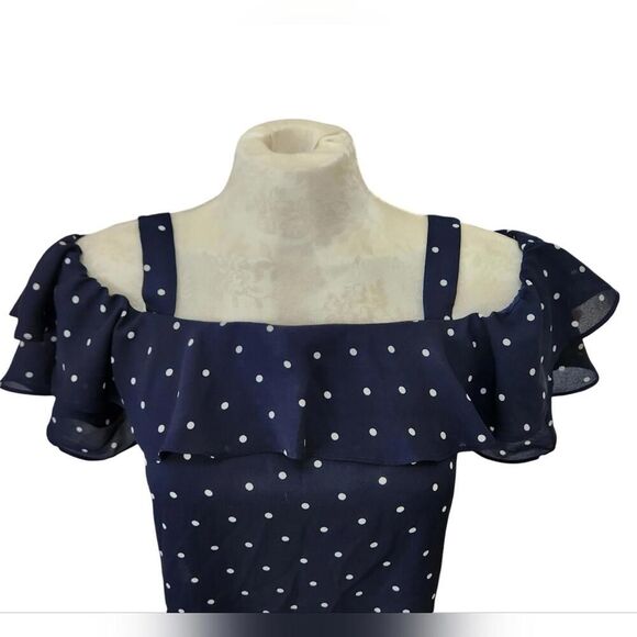J. Crew Navy White Polka Dot Cold Shoulder Ruffle Top Women’s Size 10 - Picture 2 of 8